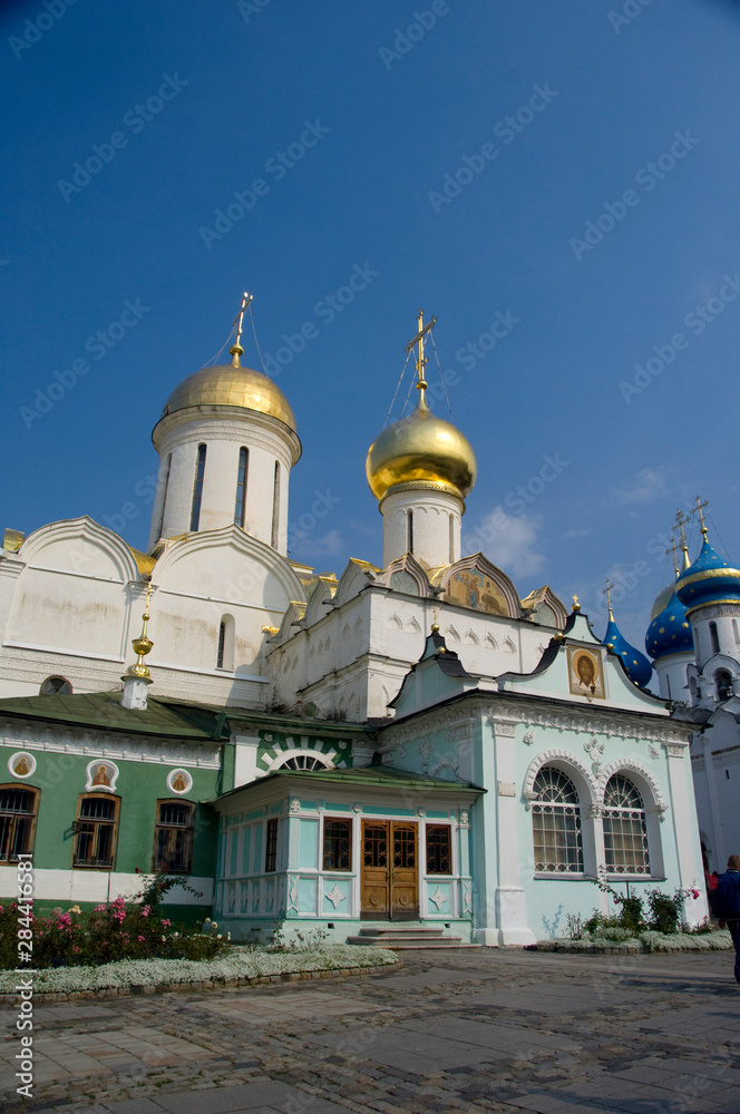 Russia, Golden Ring (aka Zolotoe Koltso), Sergiyev Posad (aka Sergiev), formerly Zagorsk. Trinity Monastery of St. Sergius. Cathedral of the Holy Trinity (1422) & church of St. Nicon (1548) Russia, Golden Ring (aka Zolotoe Koltso), Sergiyev Posad (aka Sergiev), formerly Zagorsk. Trinity Monastery of St. Sergius. Cathedral of the Holy Trinity (1422) & church of St. Nicon (1548)