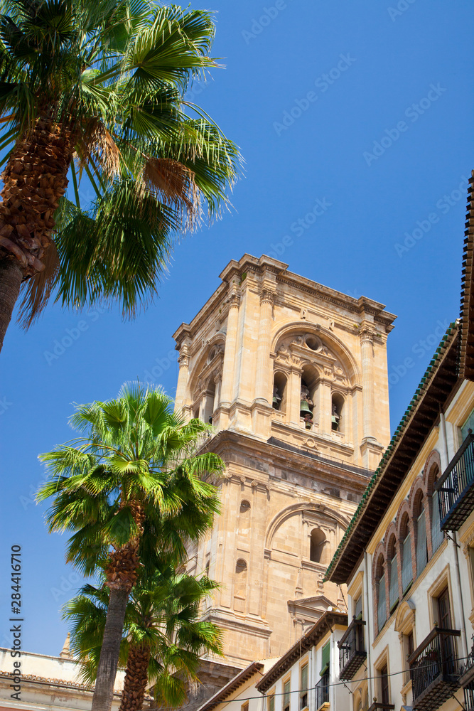 Spain, Granada. This is the bell tower of the Granada Cathedral.