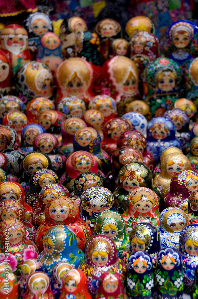 Russia, Golden Ring city of Uglich located on the banks of the Volga. Russian handicrafts, matryoshka dolls. 