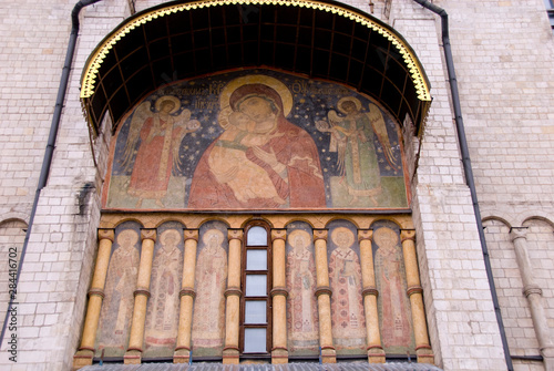 Russia, Moscow, The Kremlin. Cathedral of the Assumption (aka Uspensky sobor) founded in 1326. Detail of exterior fresco. 