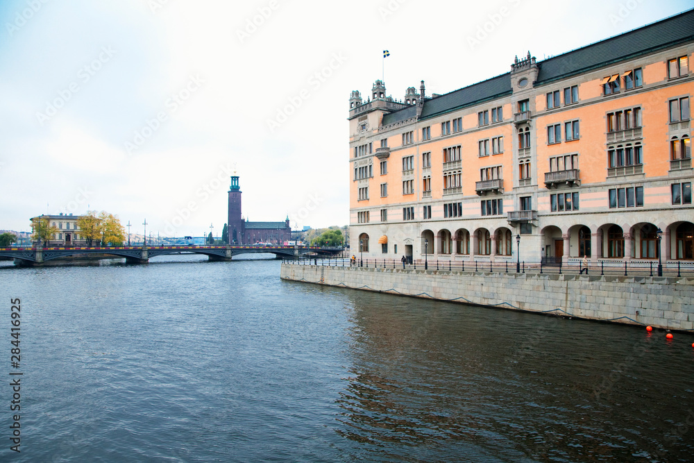 Stockholm, Sweden - Old World buildings next to waterway.