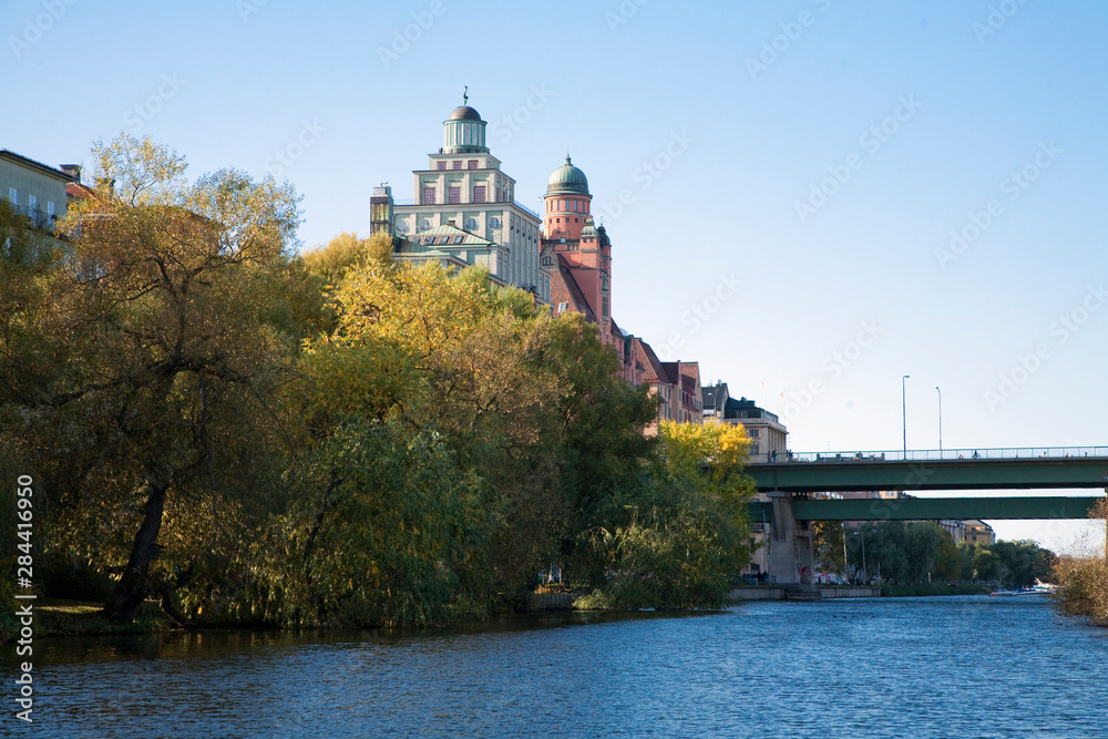 Naklejka premium Stockholm, Sweden - View from the water of a waterfront cityscape.