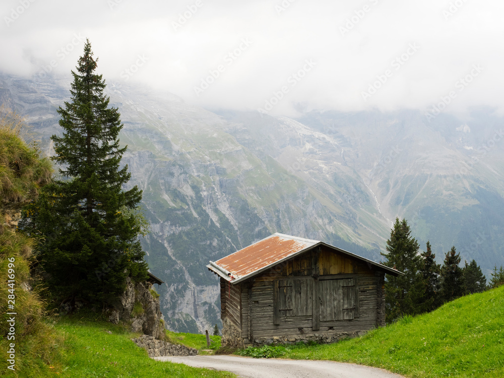 Switzerland, Bern Canton, Murren, Wood barn in alpine environment