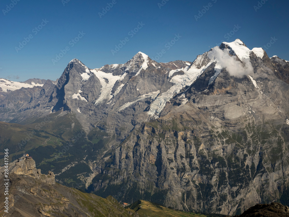 Switzerland, Bern Canton, Schilthorn, Panorama Terrace, view of Eiger, Monk, and Jungfrau