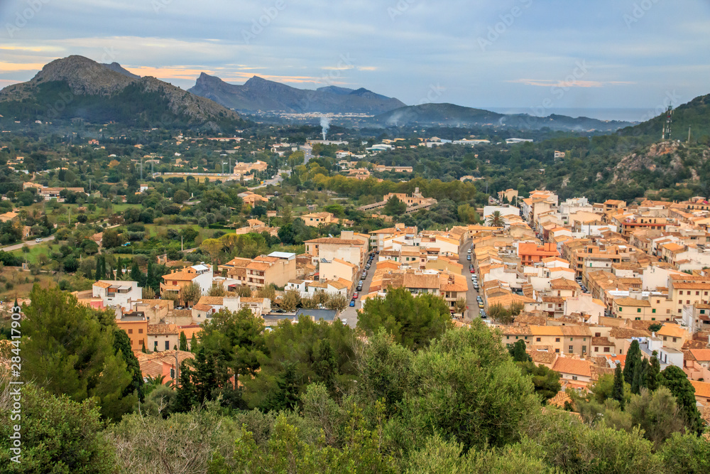 Spain, Balearic Islands, Mallorca, Pollenca. Territorial view from the top of stairs at Calvari, Calvary Chapel.