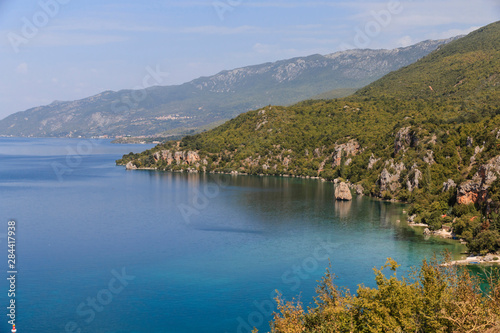 Macedonia, Ohrid and Lake Ohrid, Landscape of the rocky cliff coastline. UNESCO World Heritage Cultural and Natural Site.