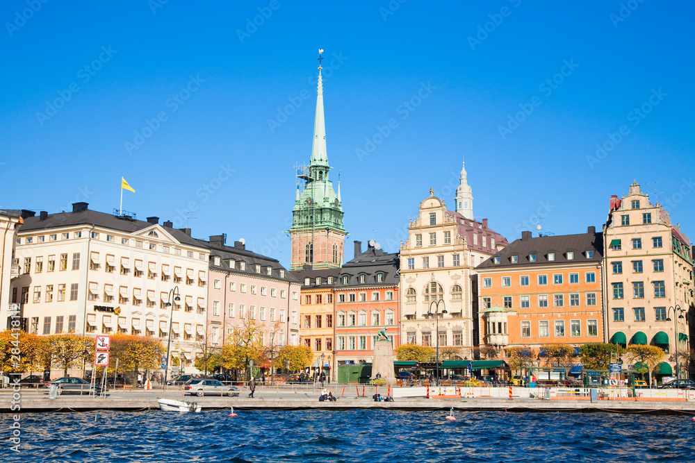 Stockholm, Sweden - View from the water of a waterfront cityscape.