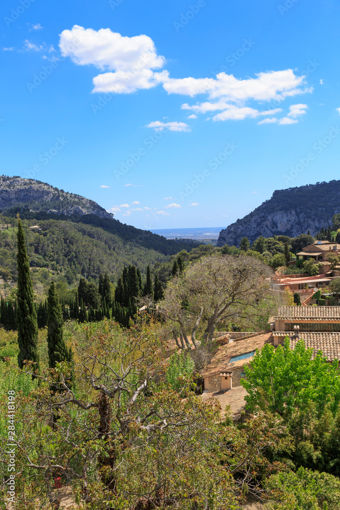 Spain, Balearic Islands, Mallorca, Valldemossa. The Royal Carthusian Monastery, Real Cartuja. View from grounds.
