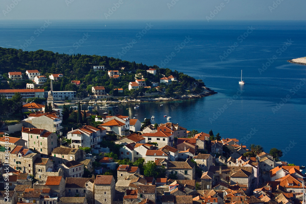 View of the harbor and Adriatic Sea, from Hvar Castle, Hvar Island, Croatia.