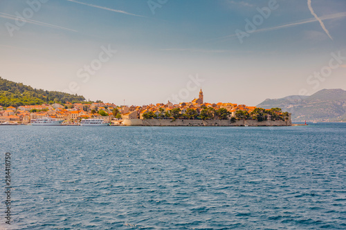 Croatia, Korcula. Approach to city from Adriatic Sea. 