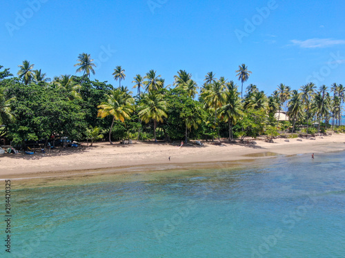 Aerial view of tropical white sand beach  palm trees  and turquoise clear sea water in Praia do Forte  Bahia  Brazil. Travel tropical destination in Brazil