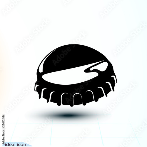 Black icon cap Beer bottle, bent. Vector simple monochrome illustration isolated on white background. Falling object.