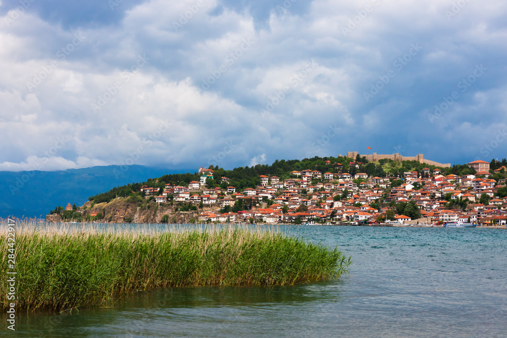 Tsar Samuil's Fortress with Ohrid cityscape on the shores of Lake Ohrid, Republic of Macedonia