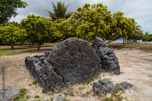 Pacific Ocean, French Polynesia, Society Islands, Raiatea. Volcanic rocks at Taputapuatea Marae, once considered the central temple and religious center of Eastern Polynesia.