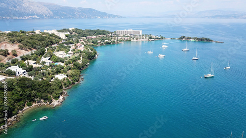 Aerial drone photo of famous bay of Gouvia a popular yacht dock, island of Corfu, Ionian, Greece