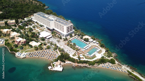 Aerial drone photo of famous bay of Gouvia a popular yacht dock, island of Corfu, Ionian, Greece