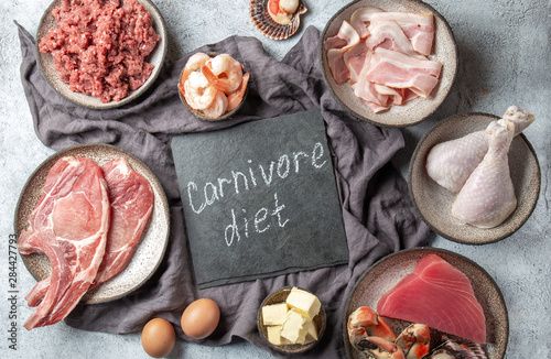 Selection food for CARNIVORE DIET. Seafood, Meat, megs and fat. Zero carbs diet concept