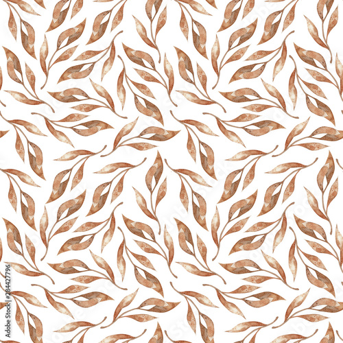 Seamless pattern of light orange leaves isolated on white background. Watercolor illustration.