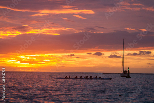 Canoe. Sunset. Tahiti. French Polynesia. © Tom Norring/Danita Delimont