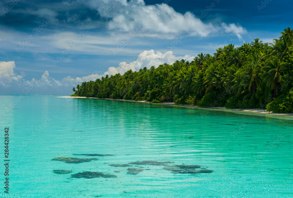Fototapeta premium Little islet and turquoise water in the Ant Atoll, Pohnpei, Micronesia