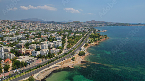 Aerial drone bird's eye view of famous seascape of Athens Riviera, Voula, Attica, Greece