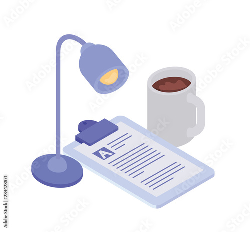 curriculum vitae with office lamp on white background photo