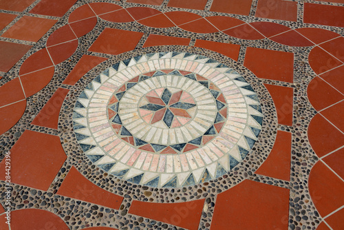 Ecuador, Pichincha, Quito. Geometric tile floor, Rincon de Puembo, Manuel Burbano, N6-66, Puembo, Ecuador photo