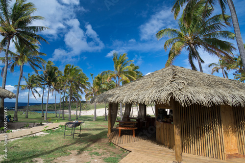 Easter Island aka Rapa Nui, Anakena. Rapa Nui National Park, UNESCO World Heritage Site. View of park facility that includes restrooms and food vendor hut. © Cindy Miller Hopkins/Danita Delimont