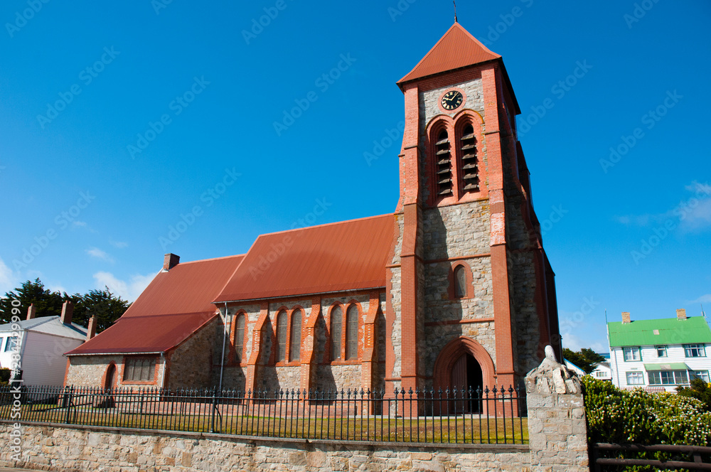 Obraz premium Falkland Islands. Stanley. Christ Church Cathedral and whalebone sculpture.