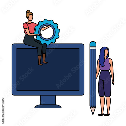 young women with desktop characters