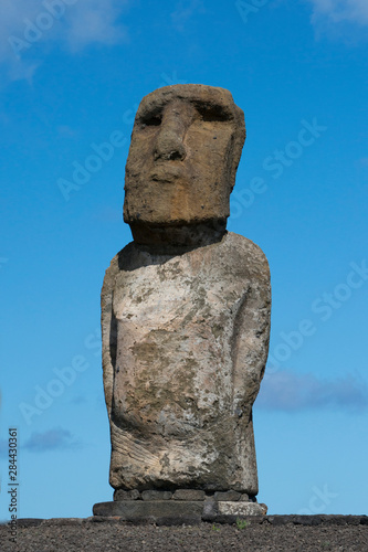 Chile, Easter Island, Hanga Nui. Rapa Nui National Park, Ahu Tongariki (aka Tonariki). Detail of large moai statue on the largest ceremonial platform in all of Polynesia. UNESCO