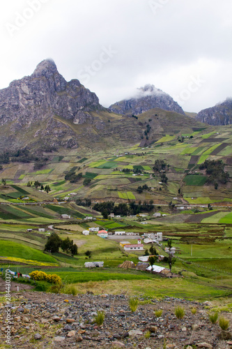 Indigenous farmlands in Andean mountains near Laguna Quilotoa, Ecuador.