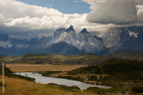 Chile, Torres del Paine National Park. Cuernos del Paine are one of the most recognizable mountains in the park. 