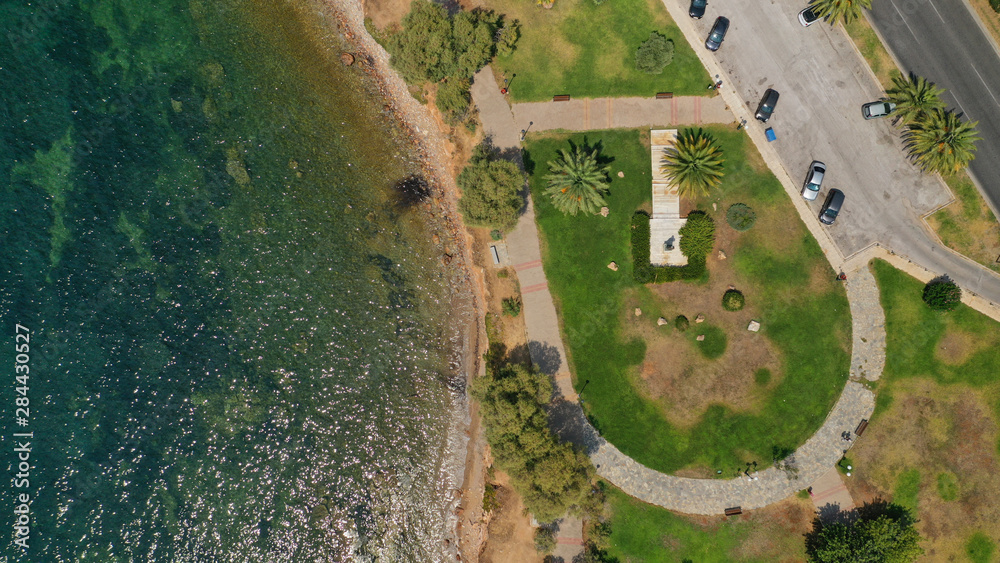 Aerial drone bird's eye view of famous seascape of Athens Riviera, Voula, Attica, Greece Aerial drone bird's eye view of famous seascape of Athens Riviera, Voula, Attica, Greece