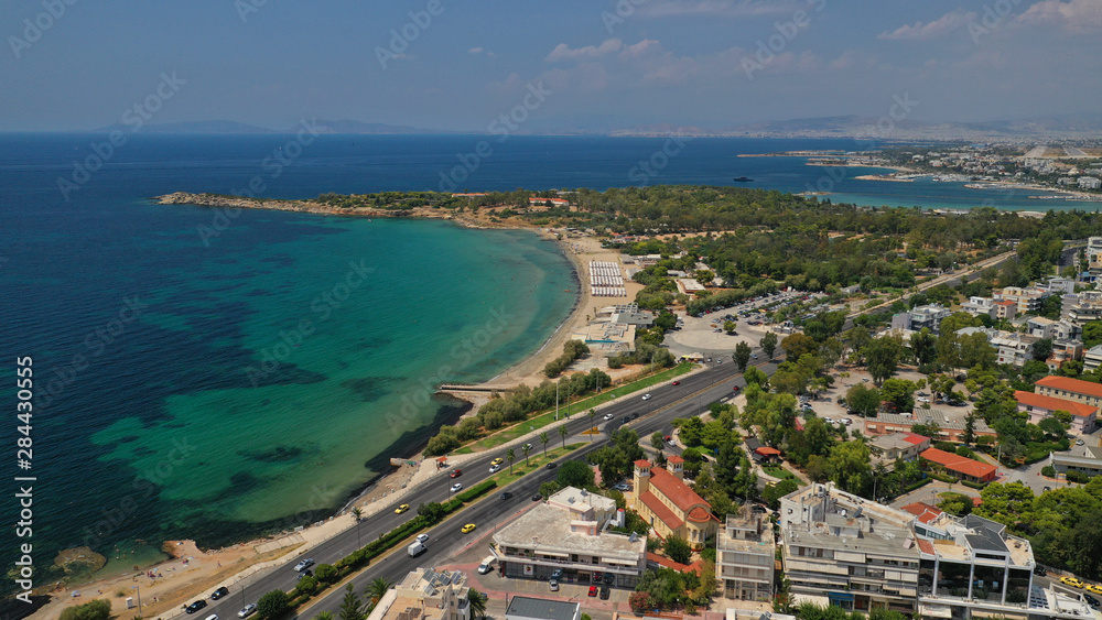 Aerial drone bird's eye view of famous seascape of Athens Riviera, Voula, Attica, Greece