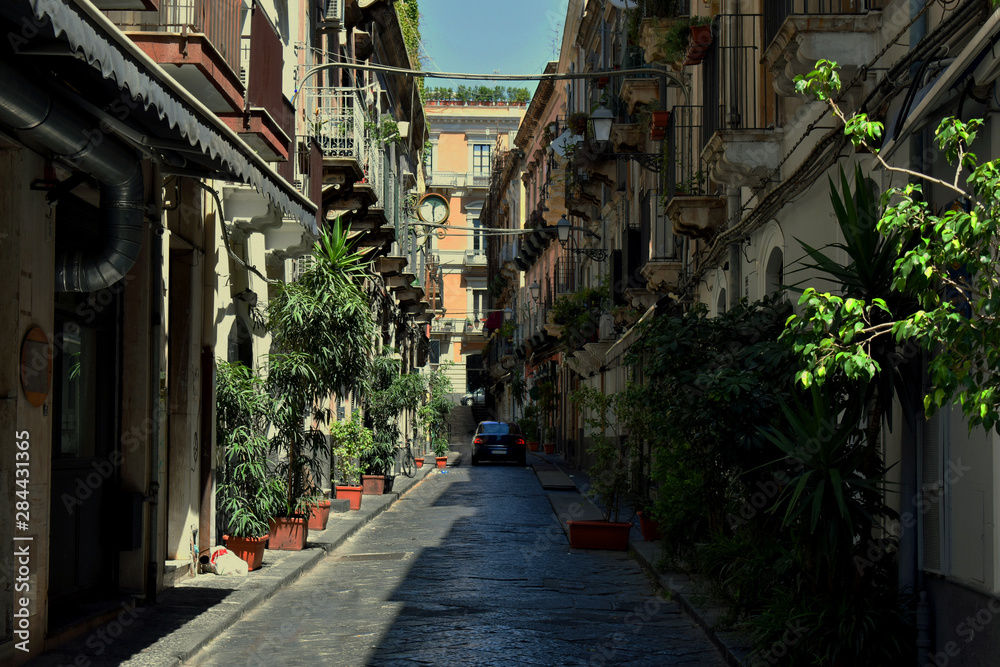 Typical Italian street in Catania. Narrow paved road with little trees and colorful buildings with small balconies on both sides