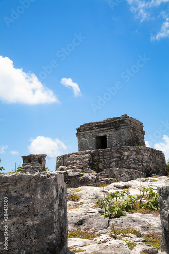 Cancun  Quintana Roo  Mexico - Low angle view of an ancient stone structure on the top of a hill.