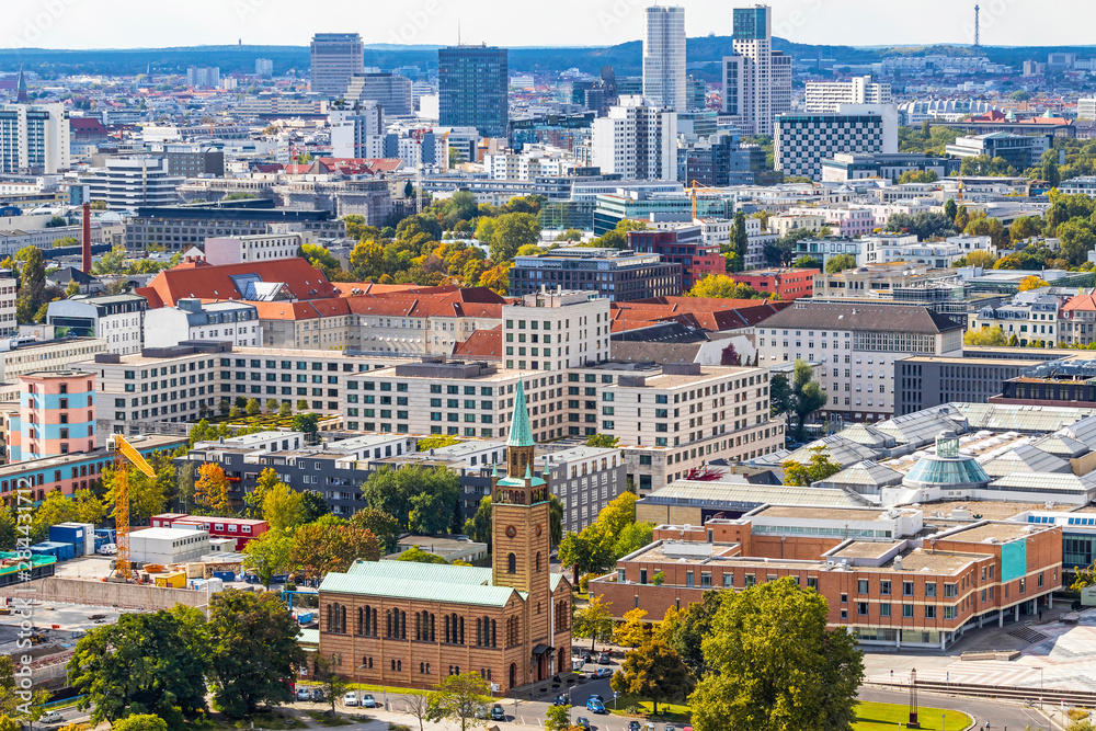 Fototapeta premium Aerial view of Tiergarten district of Berlin, Germany. Evangelical Church of St. Matthews (German: St.-Matthaus-Kirche) on foreground. On of the building of Kulturforum