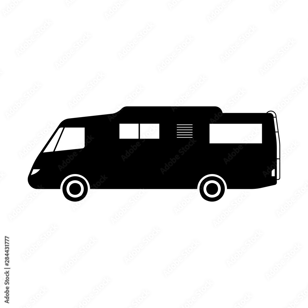 Motorhome icon. House on wheels. Black silhouette. Side view. Vector drawing. Isolated object on a white background. Isolate.
