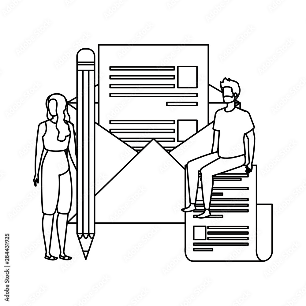 young couple with envelope mail characters young couple with envelope mail characters