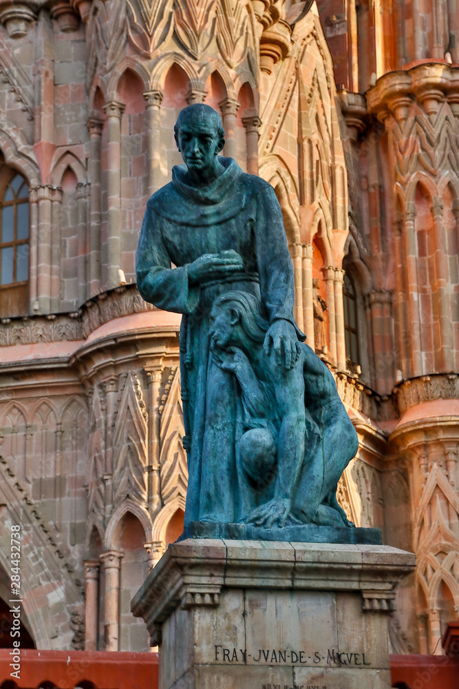 San Miguel De Allende, Mexico. Statue in front of Church Parroquia de San Miguel Arcangel