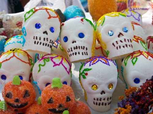 Mexico, Dolores Hidalgo, Candy Sculls Laid out for Sale During Day of the Dead Celebration