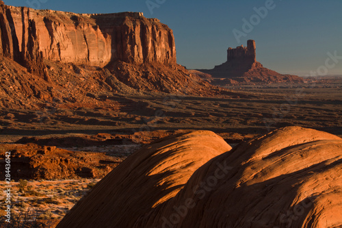 Early morning  Sentinel Mesa and Big Chief Butte  from Tribal Park Overlook  Monument Valley  Arizona  USA