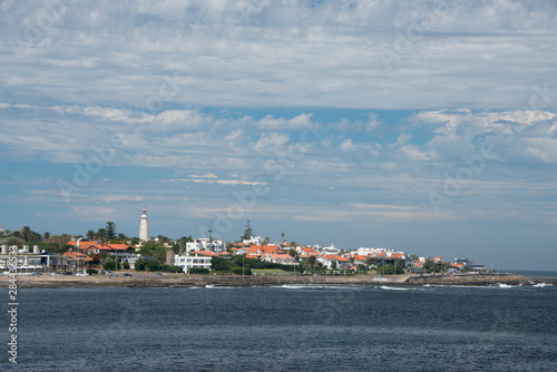 Uruguay, Punta del Este. River (Rio de la Plate) view of the coastal area of the popular resort city of Punta del Este. Lighthouse (aka faro), circa 1860.