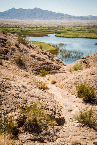 USA, Arizona, Drought Spotlight number 3, Rte 66 Expedition, north of Lake Havasu City, wash leading into Colorado River