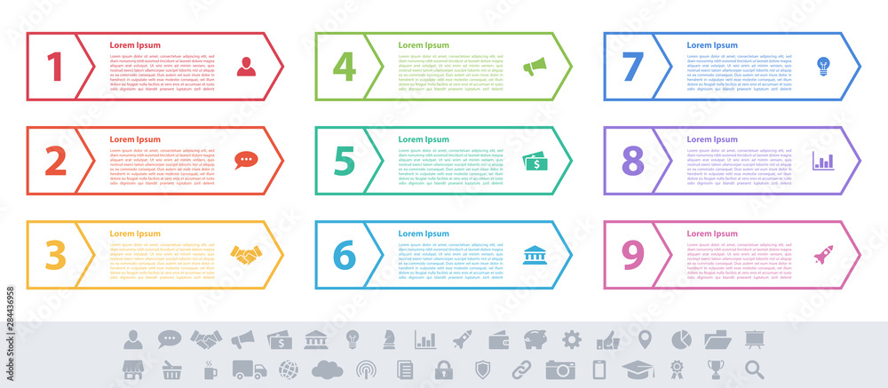 Infographic design business concept vector illustration with 9 steps or options or processes represent work flow or diagram or web button banner Infographic design business concept vector illustration with 9 steps or options or processes represent work flow or diagram or web button banner