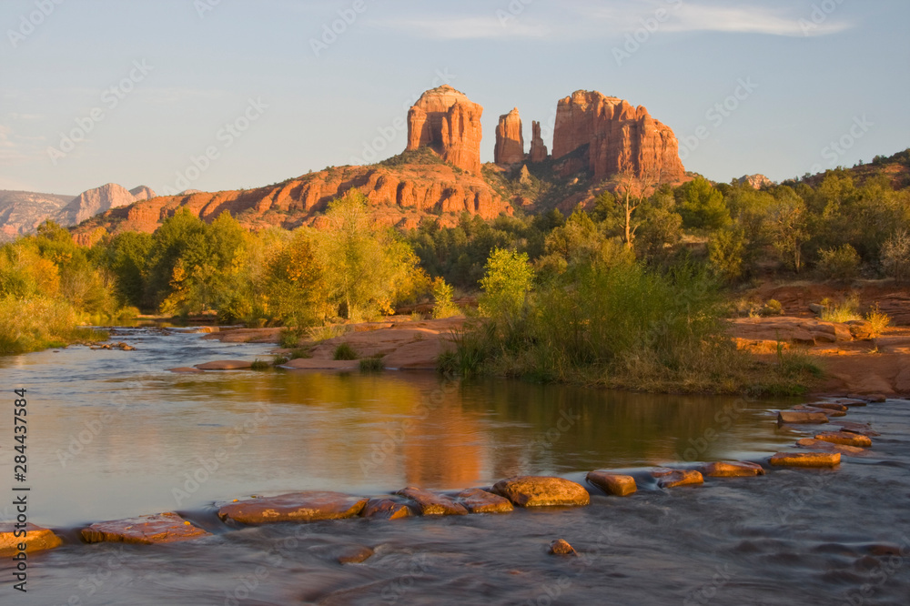 AZ, Arizona, Sedona, Crescent Moon Recreation Area, Red Rock Crossing; Oak Creek with Cathedral Rock