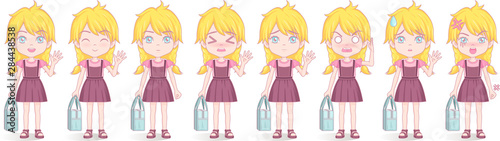 Anime manga girl, Cartoon character in Japanese style. School girl in a violet sundress. Set of emotions.