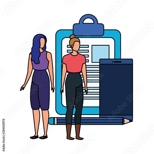 young women with checklist characters