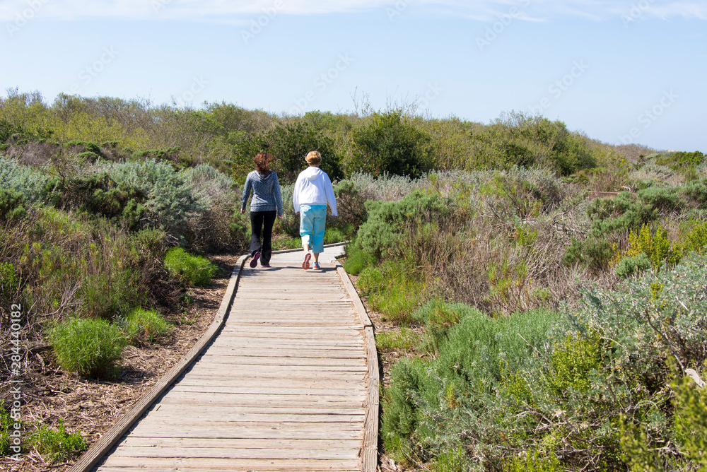 USA, California, Oso Flaco State Park, part of Oceano Dunes SVRA (State Vehicular Recreation Area). Boardwalk inviting trail to overlook